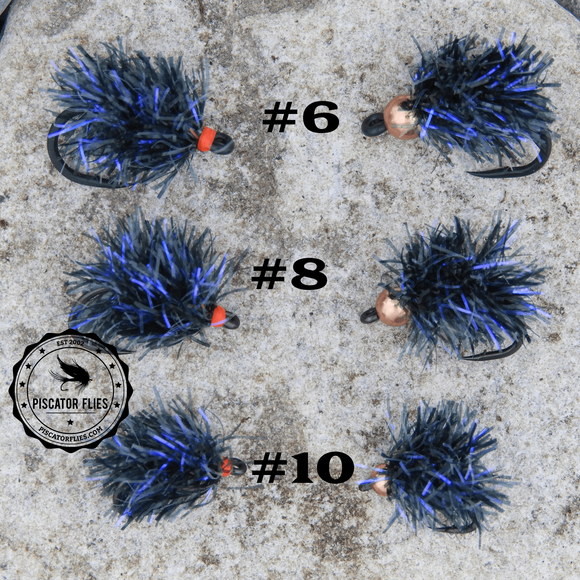A Black UV Estaz Egg fishing fly for salmon in various sizes with and without a bead head