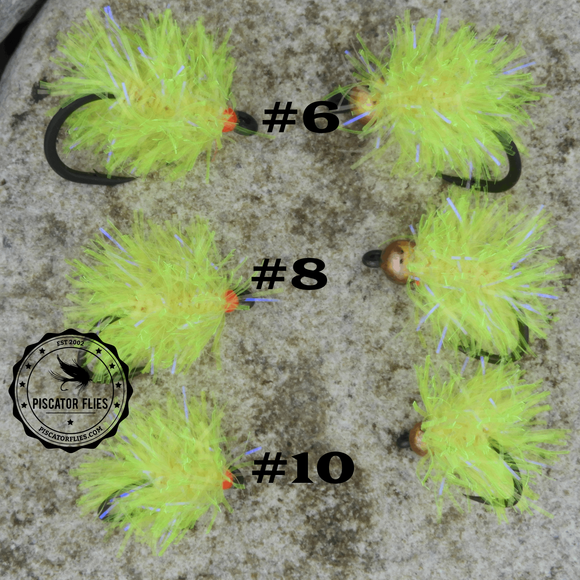 A Chartreuse UV Estaz Egg fishing fly for salmon in various sizes with and without a bead head