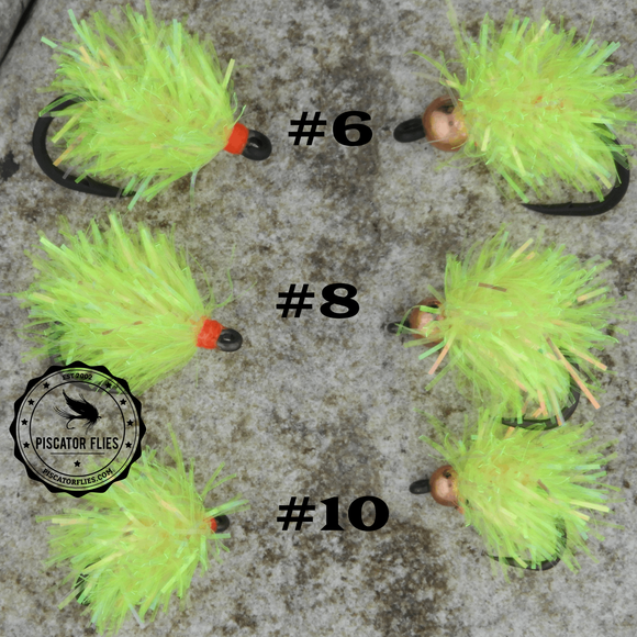 A Chartreuse Opal Estaz Egg fishing fly for salmon in various sizes with and without a bead head