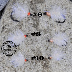 A Pearl White Estaz Egg fishing fly for salmon in various sizes with and without a bead head