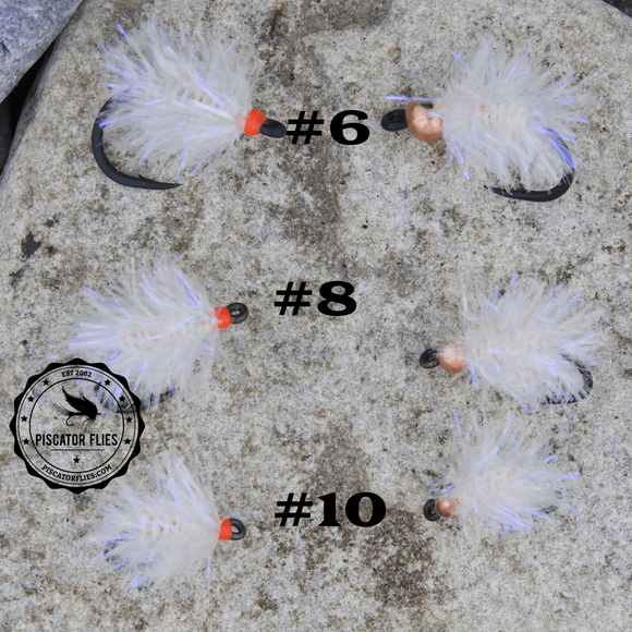 A Pearl White Estaz Egg fishing fly for salmon in various sizes with and without a bead head