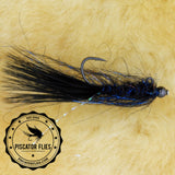 A black and blue balanced leech fly pattern for still waters