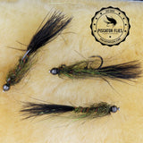 3 Peacock balanced leeches for trout fishing on still water